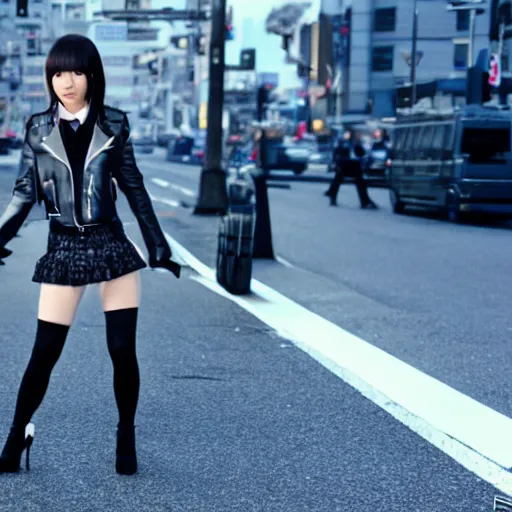 Image similar to a dynamic, epic cinematic 8K HD movie shot of a japanese young J-Pop idol girl wearing leather jacket, miniskirt, nylon tights and high heels boots. Motion, VFX, Inspirational arthouse