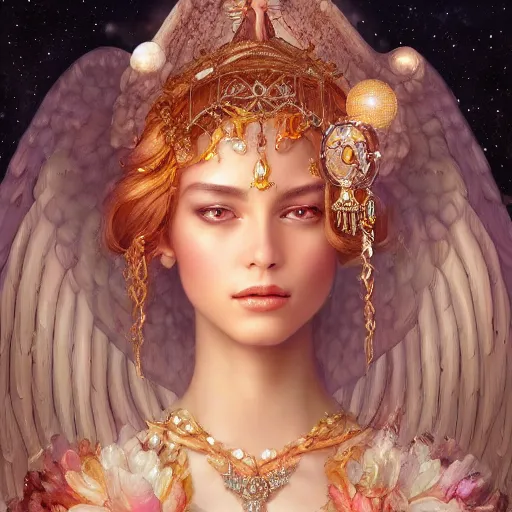 Image similar to A beautiful digital painting of a female angel full of jewels, princess, the moon behind her, intricate, cinematic lighting, highly detailed, digital painting, Artstation, concept art, smooth, sharp focus, illustration, art by Tom Bagshaw, Artgerm and Greg Rutkowski