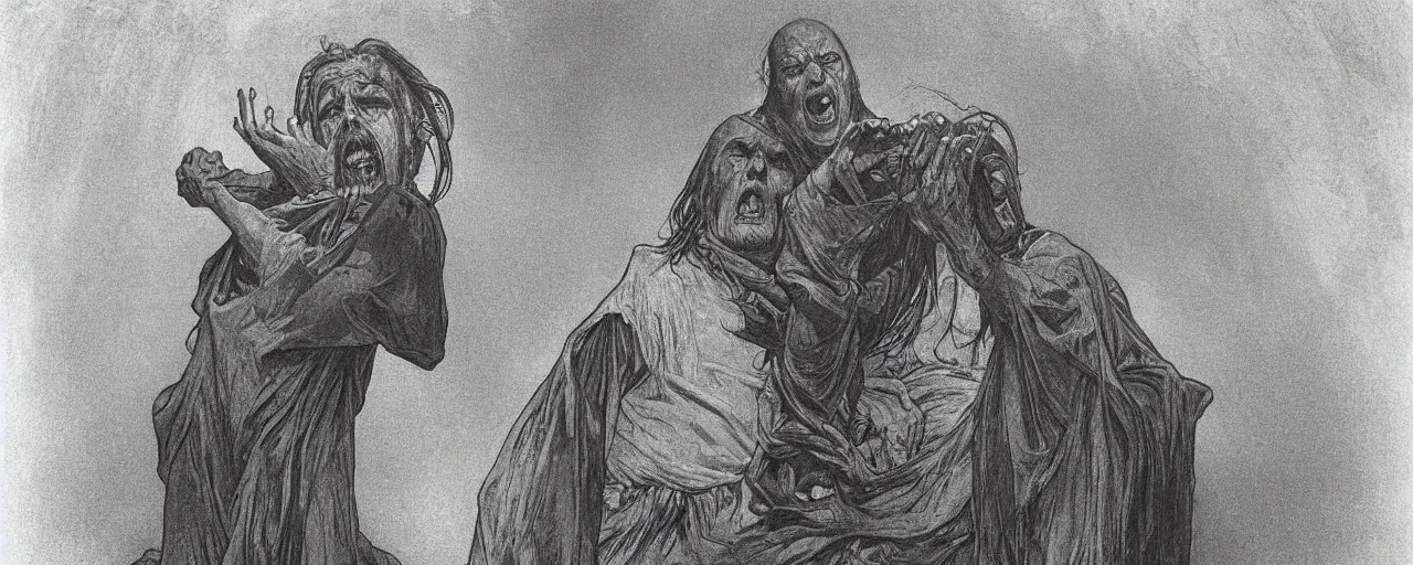 Image similar to vintage brightly color film footage, exorcism scared priest, wide open mouth in terror, mental hospital by zdzisław beksinski and gustave dore and alphonse mucha, artstationhq iamag