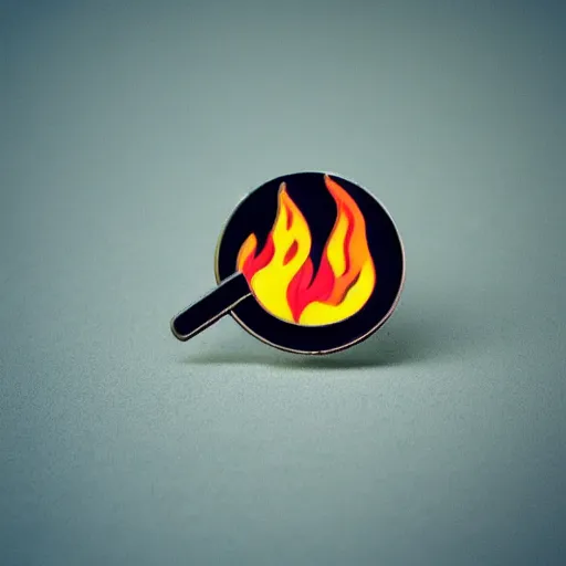 Image similar to a retro minimalistic fire flames warning enamel pin, use of negative space allowed, black and white only, smooth curves