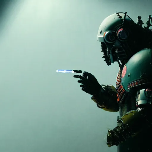 Image similar to cyberpunk rock golem as a space marine smoking a cigarette, still from the movie predator, fog, dramatic lighting, cinematic, 4 k, full body shot, spotlight from above, rim lighting, full body photgraph, shap, football armor, cyberpunk, bladerunner, extreme detail, light rain, trending on artstation, spot light