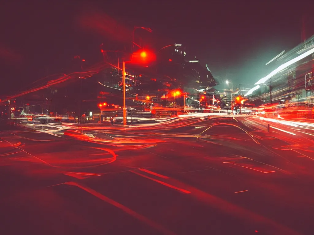 Prompt: “photography of busy intersection, motion blur , fog, red lights, night, mood, atmospheric, full of colour, digital photography”