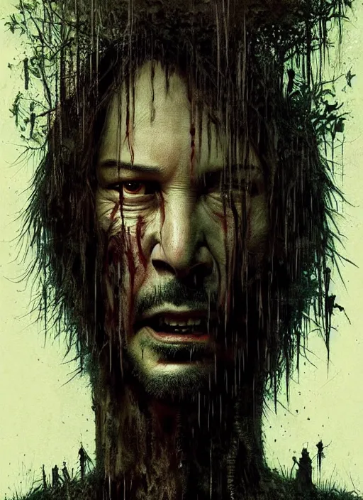 Image similar to highly detailed horror movie poster with angry creepy keanu reeves as a tree, keanu reeves faces in the bark of many trees sentient leafy catastrophe by greg rutkowski, masterpiece, really funny, 1 0 / 1 0 creepy