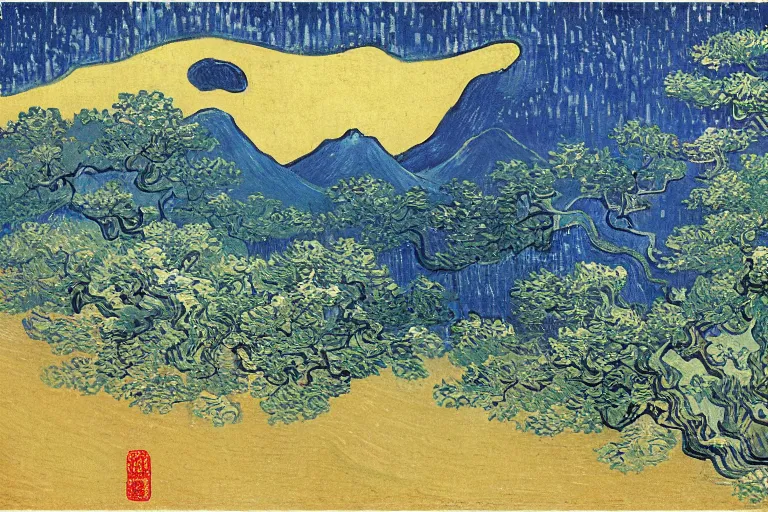 Image similar to japanese scenery in edo period, by vincent van gogh, high saturation, blue color scheme