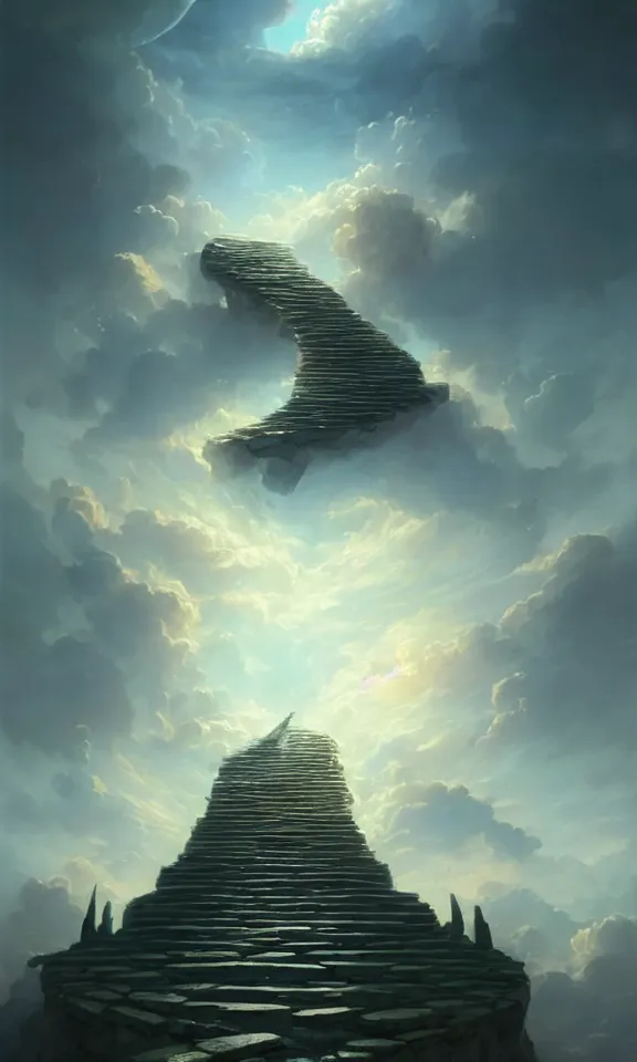 Image similar to straight staircase to heaven, sky full of clouds, art by greg rutkowski and peter mohrbacher, featured in artstation, octane render, cinematic, elegant, intricate, ultra detailed, rule of thirds, professional lighting, unreal engine, fantasy, concept art, sharp focus, illustration, 8 k