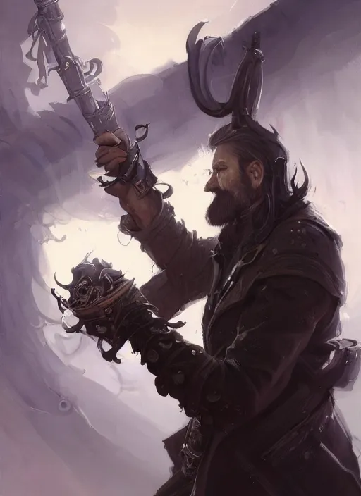 Prompt: low angle picture of a weapon master, holding a ego weapons to the camera, long black jacket, neat white beard and hair, bored, tired, smoking, ego weapons all over the place, squat down pose, highly detailed face, intricate, masterpiece, epic fantasy illustrations by peter mohrbacher and anato finnstark and jeremy lipking