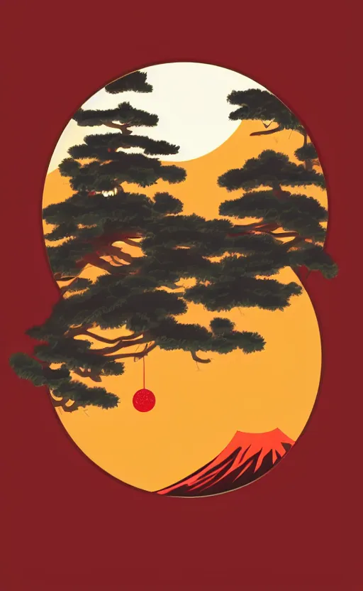 Image similar to hanafuda, a big red charm is floating above a forest of japanese pines, a big red sun in the background, original style, front game card, vector line art, trending on behance, concept art, stunning, matte