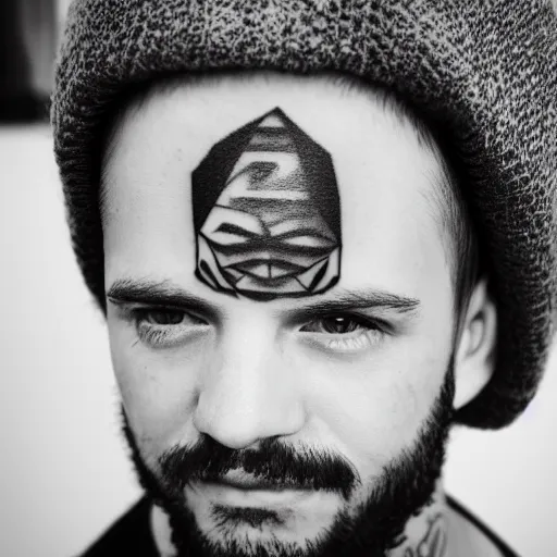Prompt: man with tattoo of a woman [ stamped onto his forehead ]!!! looking down, portrait!!, [ 4 k photorealism ], 8 k quality, trending on unsplash, unsplash contest winner, pinterest tattoos
