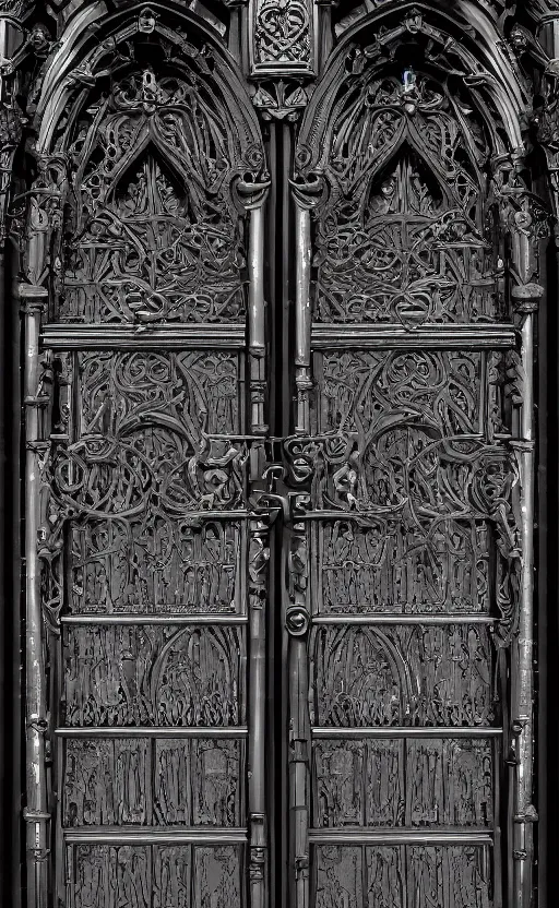 Image similar to portal double doors. big face carved in the center. gothic medieval baroque. black iron. symmetry. epic. ominous shapes. hyper detailed. photoreal