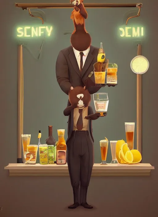 Image similar to squirrel anthro as a dapper bartender with a big, fluffy tail, retro futurism, art deco, detailed, painterly digital art by WLOP and Cory Loftis and Kenne Gregoire, 🐿🍸🍋, furaffinity, trending on artstation