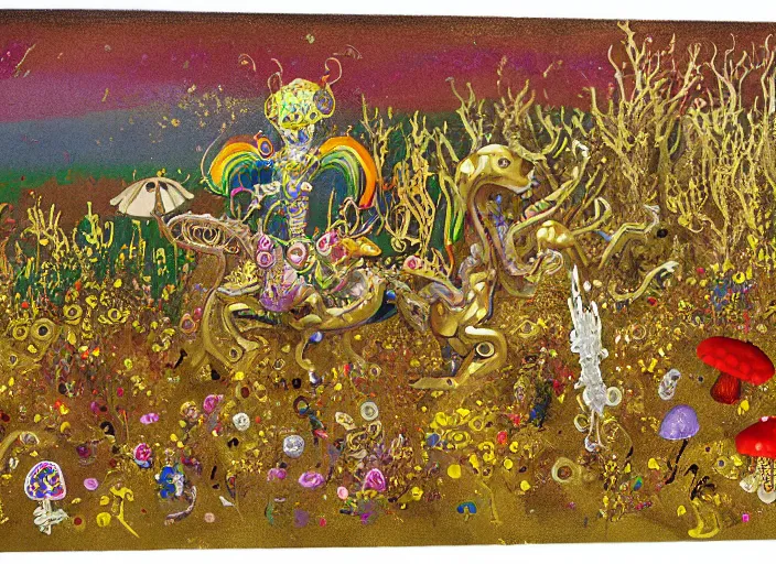 Image similar to pixel decollage painting golden armor alien zombie horseman riding on a crystal bone dragon broken rainbow diamond maggot horse in a blossoming meadow full of colorful mushrooms and golden foil toad blobs in a golden sunset, distant forest horizon, painted by Mark Rothko, Helen Frankenthaler, Danny Fox and Hilma af Klint, pixelated, neo expressionism, semi naive, rich deep colors, cinematic, color field painting, cave painting, voxel, pop art look, outsider art, minimalistic. Barnett Newman painting, part by Philip Guston and Frank Stella art by Adrian Ghenie, 8k, extreme detail, intricate detail, masterpiece
