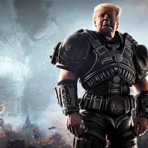 Image similar to Photo portrait of Donald Trump as Crusader!! in Gears of War, splash art, movie still, detailed face, photorealistic facial features, cinematic lighting, dramatic, octane render, long lens, shallow depth of field, bokeh, anamorphic lens flare, 8k, hyper detailed, 35mm film grain