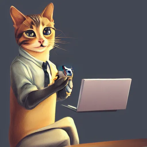 Prompt: A cat holding a fish in front of the computer and tapping the keyboard,ArtStation