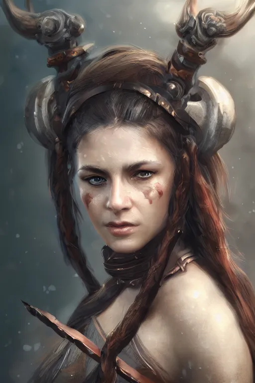 Image similar to head and shoulders focus portrait of a barbarian female high quality focus by wlop