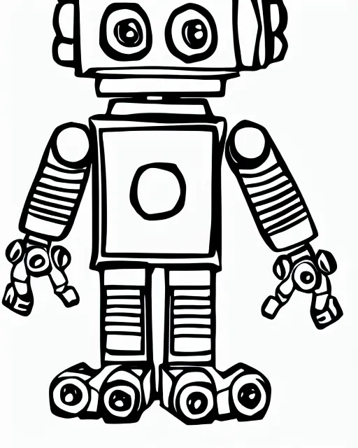 Prompt: robot drawing a picture, coloring book, line art, simple, low detail