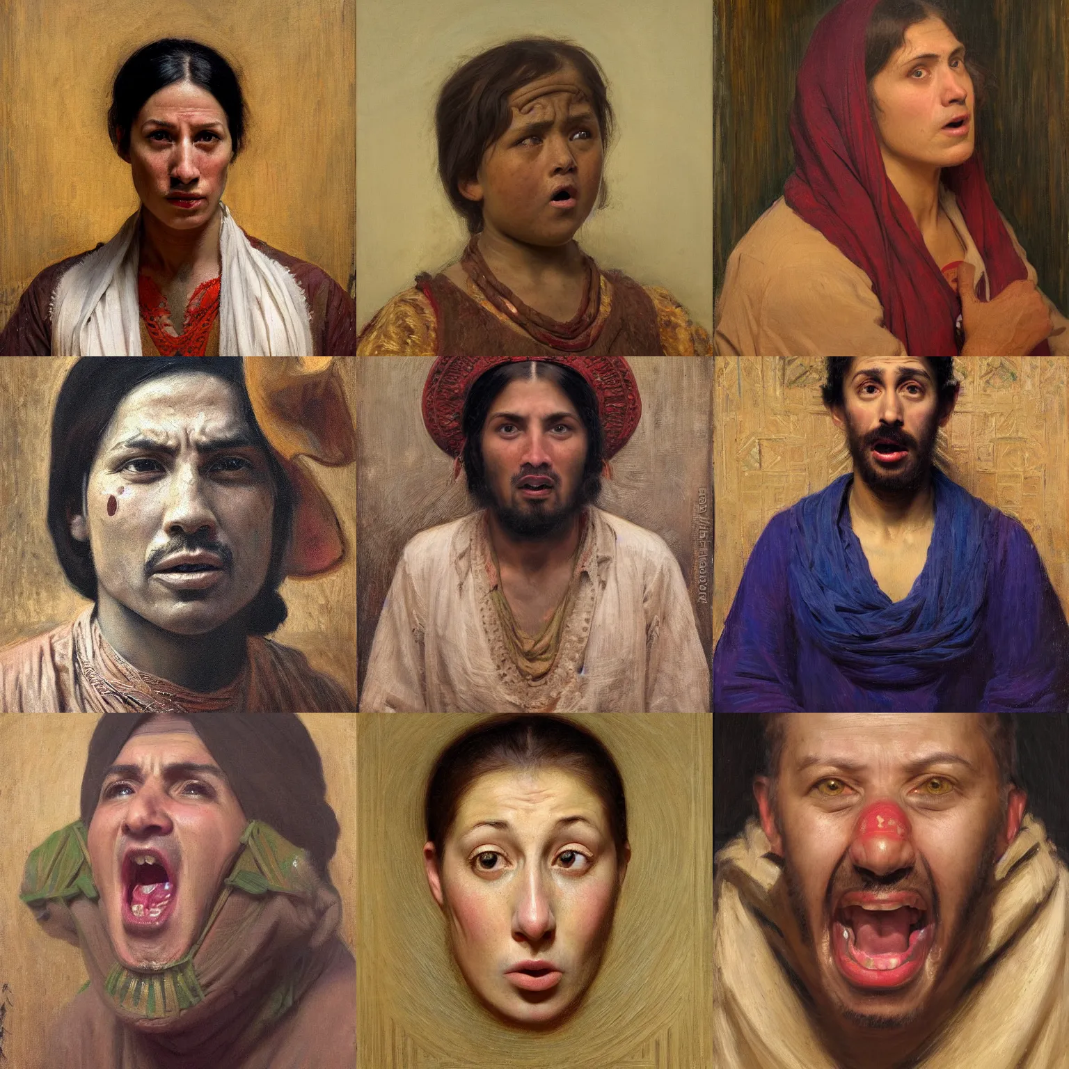 Image similar to orientalism terrified face portrait afraid mouth open by Edwin Longsden Long and Theodore Ralli and Nasreddine Dinet and Adam Styka, masterful intricate art. Oil on canvas, excellent lighting, high detail 8k