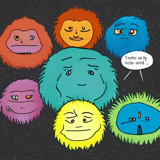 Prompt: illustrations from the children's book'the trouble with tribbles'