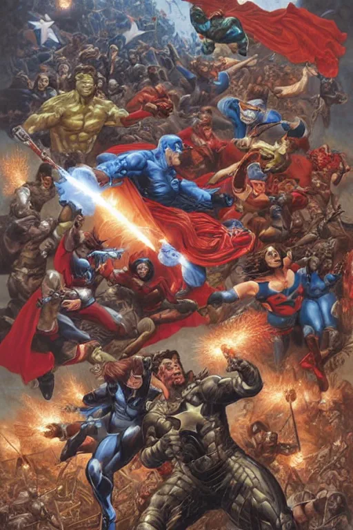 Image similar to super hero civil war battle. art by tomacz alen kopera and gaston bussiere and alex ross.