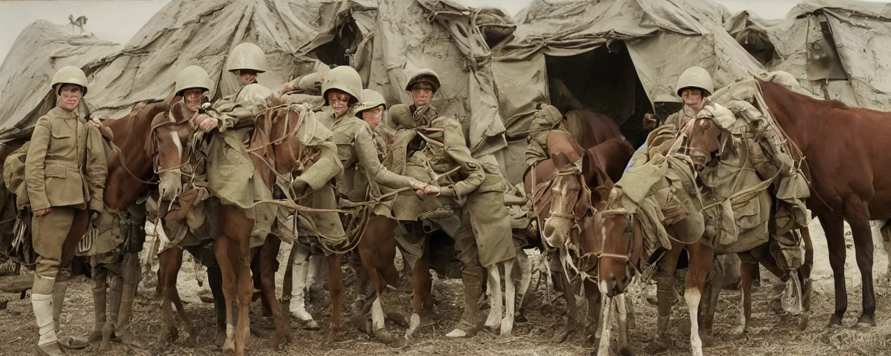 Image similar to soldiers feeding hungry horses spaghetti, world war 1, canon 5 0 mm, kodachrome, in the style of wes anderson, retro