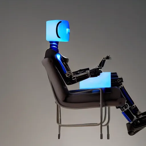 Prompt: futuristic lonely matte dark gray and glossy blue humanoid robot with legs, with huge expressive comically sad LED eyes and open rectangular mouth sitting facing to the left, reading a hardbound leather book on a large comfortable cushioned vintage recliner. Cinematic Lighting, Cinematic Movie Photograph, Arri Alexa, Extremely Detailed, smooth, very very clean, simple, 8K, octane render, maya render, unreal engine, trending on artstation, DSLR, excellent composition, moody