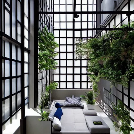 Image similar to “extravagant luxury apartment interior design, by Tadao Ando and Koichi Takada, contemporary art, black walls, potted plants, modern rustic”