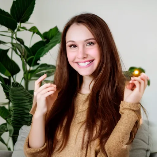 Image similar to a cute young woman smiling, long shiny bronze brown hair, full round face, green eyes, medium skin tone, light cute freckles, smiling softly, wearing casual clothing, relaxing on a modern couch, interior lighting, cozy living room background, medium shot, mid-shot, soft focus