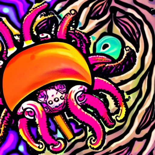 Image similar to a coconut inside a crab with tentacles and three pistons crying at 3 am in psychedelic colours