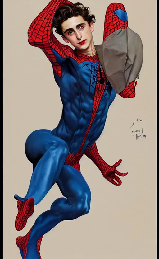 Image similar to Timothee Chalamet wearing redesigned spiderman suit, +++ super super super dynamic posing, j.c. leyendecker, Valentina Remenar, thick eyebrows, super serious facial expression, upscaled