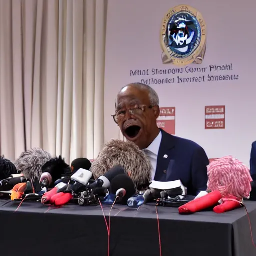 Prompt: press conference with string puppet of a president in a podium