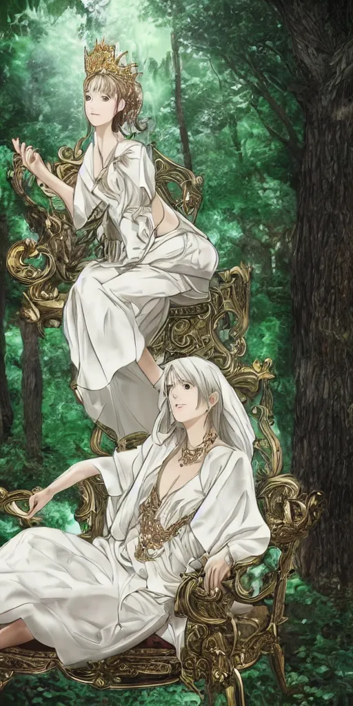 Prompt: an highly detailed magical empress sitting by herself on a sofa in a forest wearing a white robe drawn by cloverworks studio, elegant, beauty, tarot card, Tarot card the empress