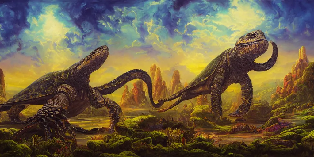 Image similar to fantasy oil painting, great leviathan, cybernetic turtle cephalopod terrapin reptilian pachyderm squid, bella hadid, hybrid, milla jovovich, anubis, epic natural light, lush plants flowers, spectacular mountains, bright clouds, luminous sky, outer worlds, golden hour, michael cheval, edward hopper, michael whelan, vray, hd