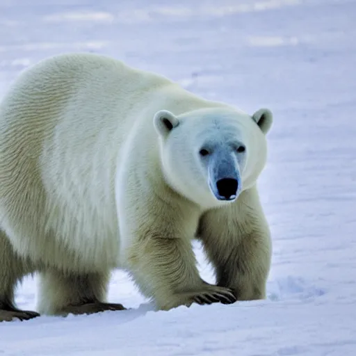 Image similar to The polar bear is white and fuzzy, and it's walking across a field of snow. The snow is deep and pristine, and the air is frigid. The polar bear is trudging through the snow, its head down and its breath visible in the cold air, by wu daozi, qiu ying, gu gaizhi