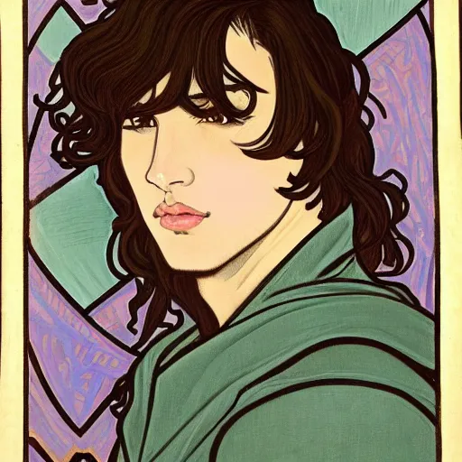 Image similar to painting of young handsome beautiful paladin elf!! man with long! wavy dark hair in his 2 0 s named taehyung minjun at the blueberry party, wearing armor!, long hair, elf ears, elegant, clear, painting, stylized, delicate, soft facial features, art, art by alphonse mucha, vincent van gogh, egon schiele,