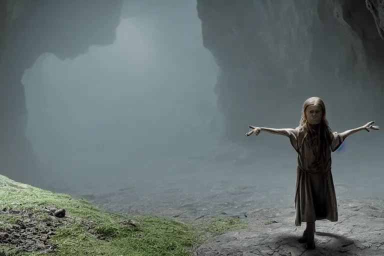 Prompt: greta thunberg as gollum, holding the ring, inside a cave, fog, cinematic, still shot from the new lord of the rings movie