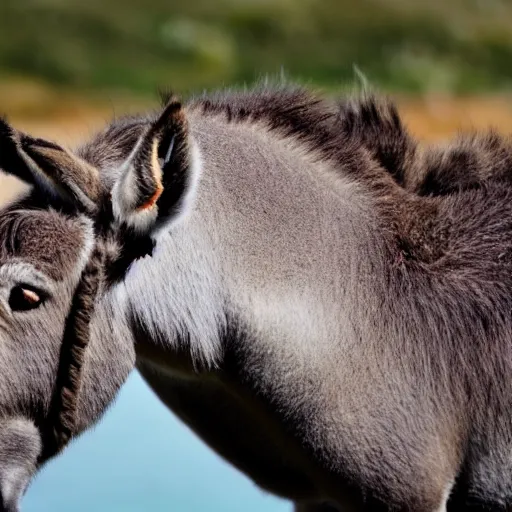 Prompt: close up photo of a donkey, drinking water from a lake in tasmania, bokeh, 4 0 0 mm lens, 4 k award winning nature photography