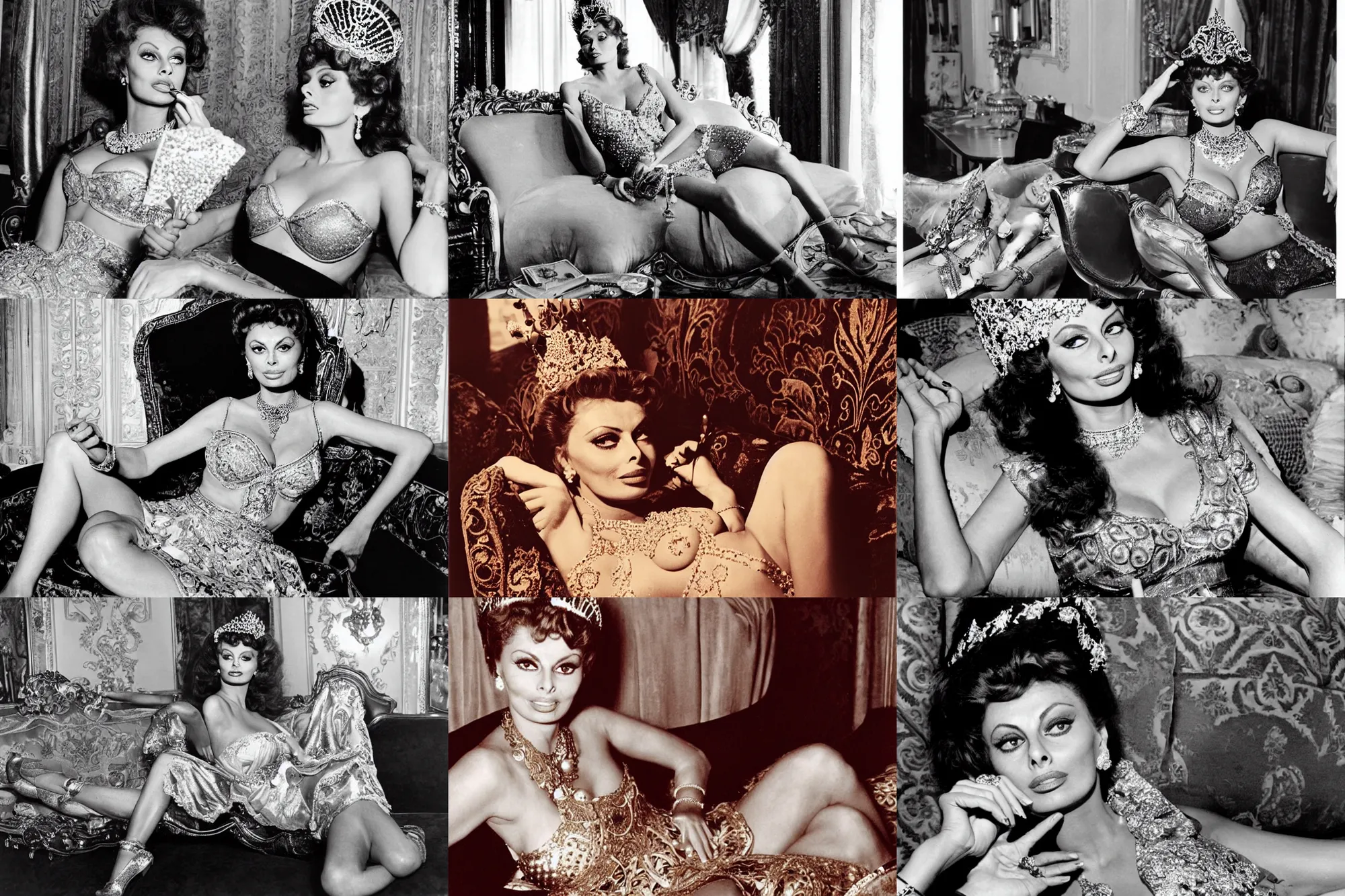 Prompt: young sophia loren having pizza, relaxed pose on antique luxury sofa, intricate ornamented tiara, opulent pearl necklace, laced dress, golden lighting, burlesque photo by letizia battaglia