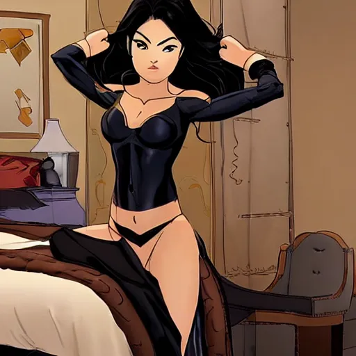 Prompt: cassandra cain in silk in the bedroom at a sleepover beautiful face 2 7 years old, cg animation, lifelike, animated, realistic, character