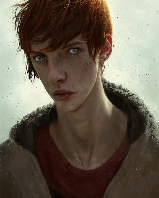 Image similar to portrait of tall, thin, 1 5 - year - old boy with a long nose, a lot of freckles, fiery red hair, and bright blue eyes, hyper realistic face, beautiful eyes, fantasy art, in the style of greg rutkowski, intricate, hyper detailed, smooth