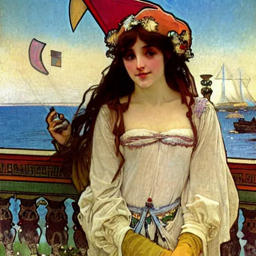 Prompt: A girl with jester hat and clothes on a greek archi circle on the front of a Balustrade with a beach and a sail boat on the background, major arcana cards, by alphonse mucha and arnold böcklin arnold böcklin arnold böcklin hyperrealistic 8k, very detailed