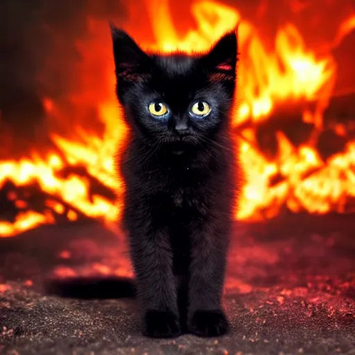 Prompt: extreme long shot of a purple eyes cute black kitten engulfed in fire, burning, standing in fire, at night, award winning photo, high detail, atmospheric 8k