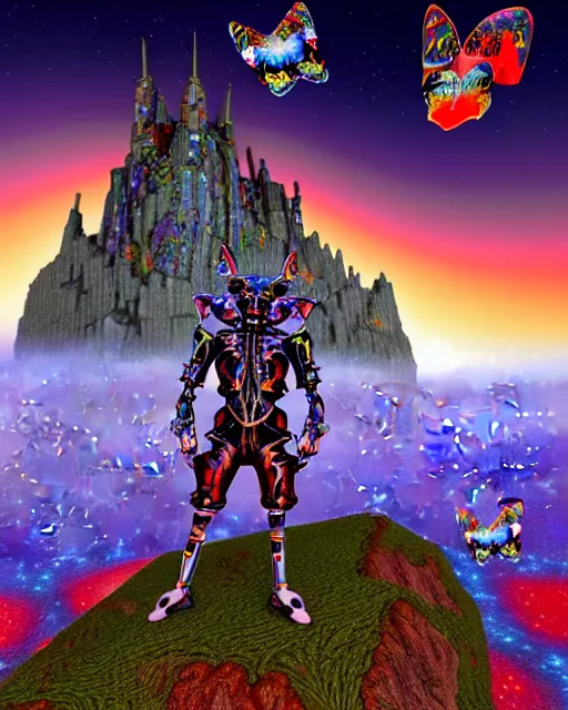 Prompt: 3 d cgi render of cyborg demon jester standing in cybernetic mountain landscape with castle ruins against a psychedelic surreal background with 3 d butterflies and 3 d flowers n the style of 1 9 9 0's cq graphics against the cloudy night sky, lsd dream emulator psx, 3 d rendered y 2 k aesthetic by ichiro tanida, 3 do magazine, wide shot