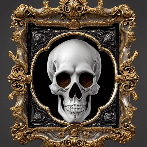 Image similar to a beautiful, ornate and intricate rococo skull with silver and gold details, inside a black rococo frame, 4k, octane render, vray, unreal engine, photorealistic