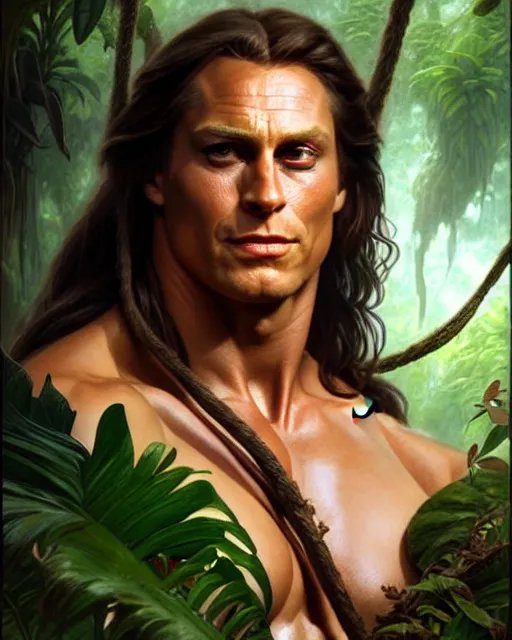 Image similar to tarzan in the jungle, fantasy character portrait, ultra realistic, concept art, intricate details, highly detailed by james bamaruan jia and mandy jurgens and artgerm and william adolphe bouguereau and frank frazetta