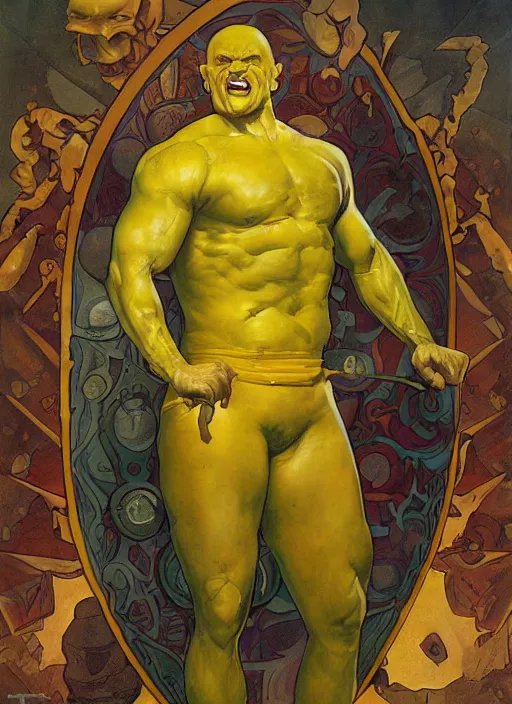 Image similar to renaissance grotesque full body portrait painting of angry crossfit lemon in a lemon themed spaceship going to a lemon portal, superior, character redesign by lee bermejo and greg rutkowski and alphonse mucha