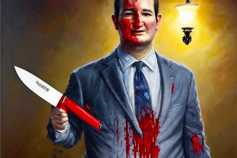 Prompt: portrait of ted cruz with a knife as the zodiac killer bloodied, an oil painting by ross tran and thomas kincade