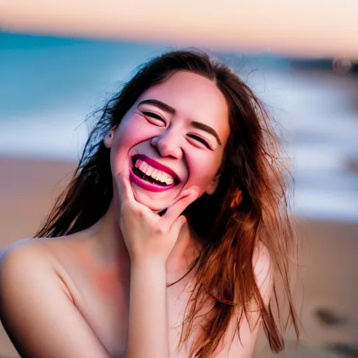 Image similar to beautiful hyperrealism hyperdetailed candid photograph of a cute young woman smiling widely and in happy disbelief because of a marriage proposal, flushed face, red blush, puffy lips, soft features, 8 k, sharp focus, golden hour, beach setting