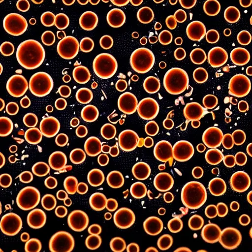 Image similar to microscopic petri dish photo of a transparent sectioned blue - green rod - shaped flagellated bacteria, microscopic photo, orange, dark black background, fluids inside