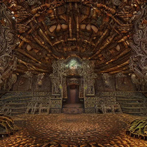 Image similar to Photorealistic magic elven temple made of intricately woven birch woodwork. Hyperdetailed photorealism, 108 megapixels, amazing depth, glowing rich colors, powerful imagery, psychedelic Overtones, 3D finalrender, 3d shading, cinematic lighting, artstation concept art