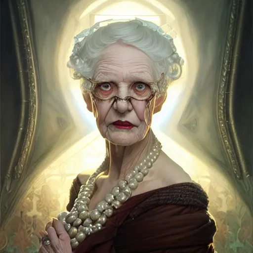 Image similar to portrait painting of an extremely fancy elderly woman with a devious expression, gaslamp fantasy, victorian, ultra realistic, concept art, intricate details, eerie, highly detailed, photorealistic, octane render, 8 k, unreal engine. art by artgerm and greg rutkowski and charlie bowater and magali villeneuve and alphonse mucha