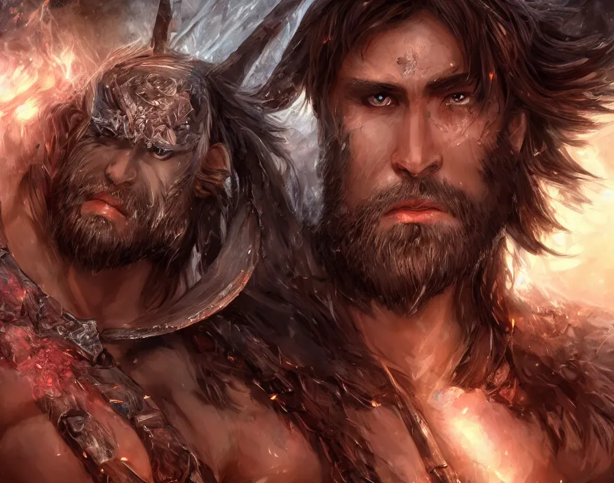 Prompt: one male barbarian face with ice crystal shards, beautiful red eyes, brown hair, brown beard, beautiful graphics, fantasy artwork, very beautiful scenery, hd, hdr, ue 5, ue 6, unreal engine 5, cinematic 4 k wallpaper, 8 k, ultra detailed, by popular digital, details, beautiful image ever created, high resolution, artstation, award winning